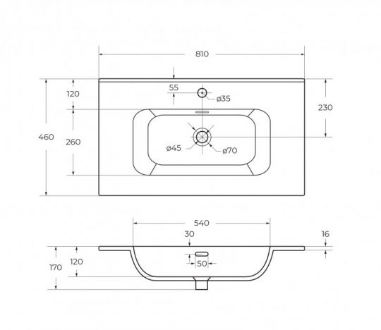Керамическая раковина мебельная Cezares с чашей в центре, глубина 46см CZR-8095 схема 6 Керамическая раковина мебельная Cezares с чашей в центре, глубина 46см CZR-8095 схема 6