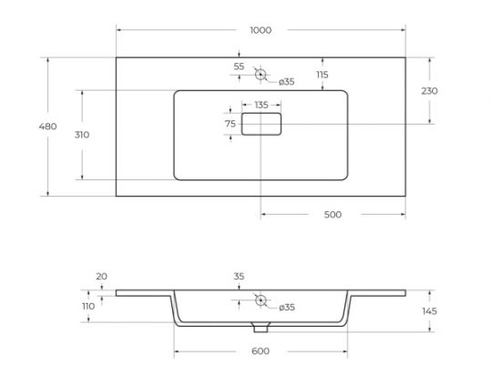 Раковина из искусственного мрамора Cezares SLIDER 100х48 схема 2