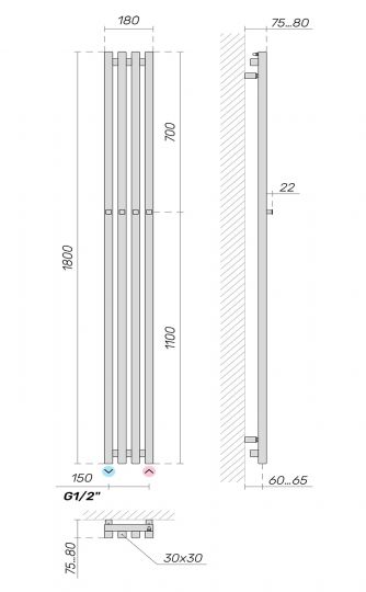 Полотенцесушитель водяной Broner Moot Long Bath MB.SS.30.028.180.0000 30х30 с крючками 280 мм схема 3