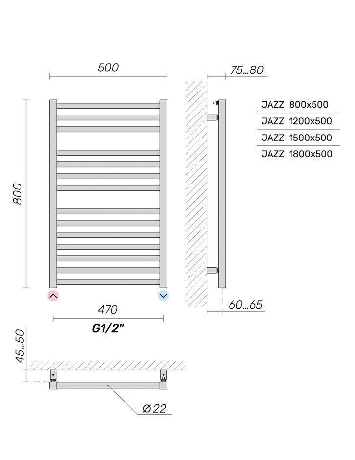Полотенцесушитель Broner Jazz JZ.050.080.0000 водяной нижнее подключение 500 мм ФОТО