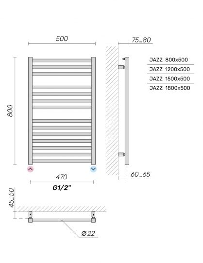 Полотенцесушитель Broner Jazz JZ.050.080.0000 водяной нижнее подключение 500 мм схема 4