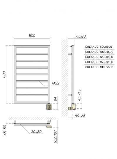 Полотенцесушитель электрический Broner Orlando ORL.EL.050.120.0000 вертикальный 500 мм схема 3