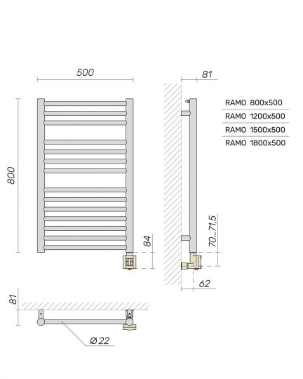 Полотенцесушитель электрический Broner Ramo RM.EL.050.180.0000 вертикальный 500 мм схема 3
