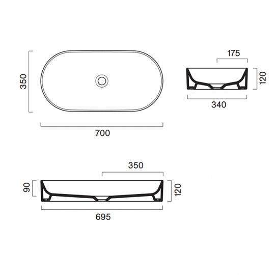 Раковина настольная Catalano Zero Без перелива. 70x35 h12см без отв. под смеситель покрытие Cataglaze+ цвет белый глянцевый 122700001 схема 2