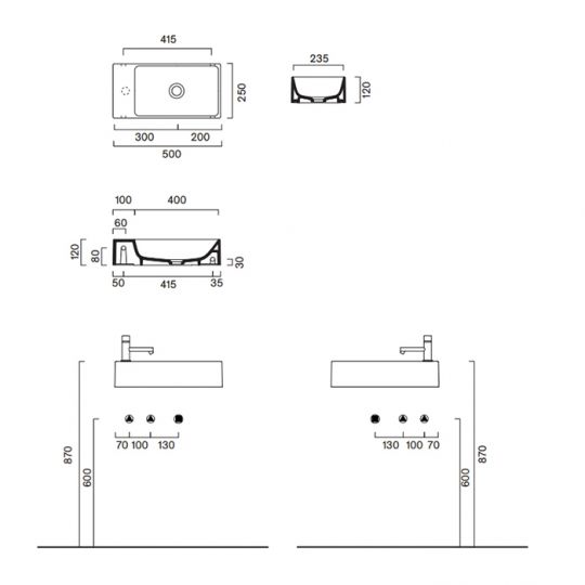 Раковина 50x25 Catalano PREMIUM без отв. под смеситель покрытие Cataglaze+ цвет белый глянцевый 220520001 схема 2