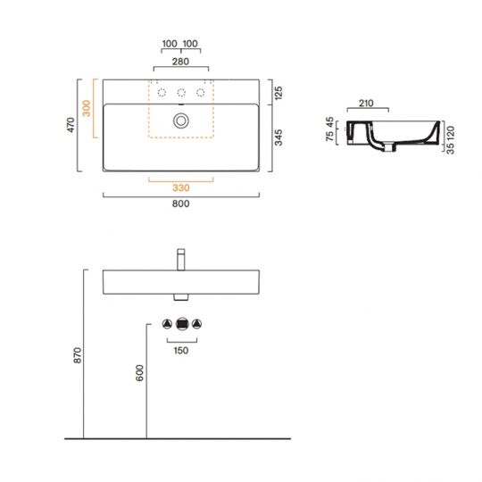 Раковина 80x47 Catalano PREMIUM без отв. под смеситель покрытие Cataglaze+ цвет белый глянцевый 220800001 схема 2