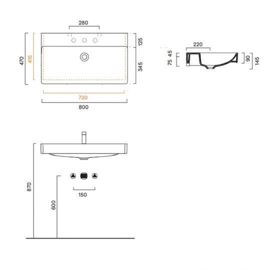 Раковина 80x47 Catalano GREEN без отв. под смеситель покрытие Cataglaze+ цвет белый глянцевый 420800001 схема 2