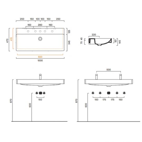 Раковина 100x47 Catalano GREEN без отв. под смеситель покрытие Cataglaze+ цвет белый глянцевый 421000001 схема 2