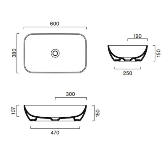Раковина 60x38 h15 накладная Catalano GREEN без отв. под смеситель покрытие Cataglaze+ цвет белый глянцевый 422610001 схема 2 Раковина 60x38 h15 накладная Catalano GREEN без отв. под смеситель покрытие Cataglaze+ цвет белый глянцевый 422610001 схема 2
