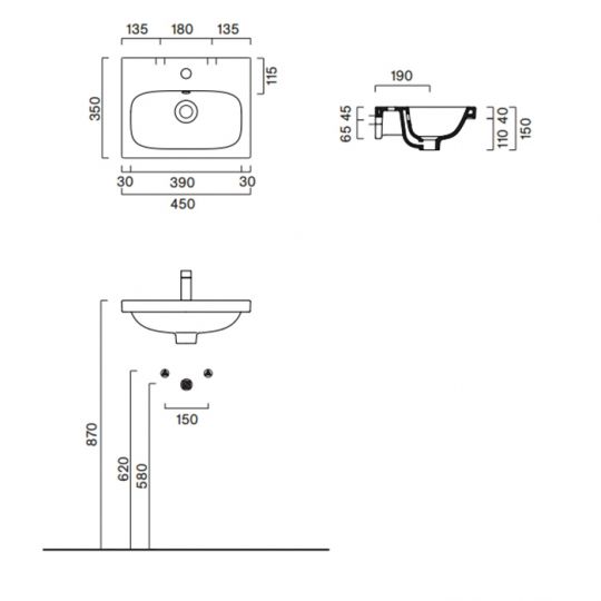 Раковина 45x35 встраиваемая/подвесная Catalano Alvea без отв. под смеситель покрытие Cataglaze+ цвет белый глянцевый 620450001 схема 2