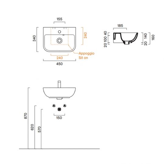 Раковина подвесная Catalano Italy 45х34 см с 1 отв. под смеситель покрытие Cataglaze+ с подготовкой для п/с  цвет белый глянцевый 720451001 схема 2