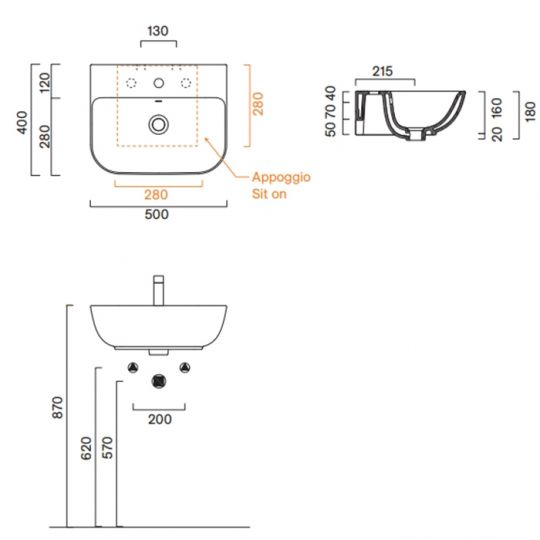 Раковина подвесная Catalano Italy 50x40 см с 1 отв. под смеситель покрытие Cataglaze+ цвет белый глянцевый 720501001 схема 2