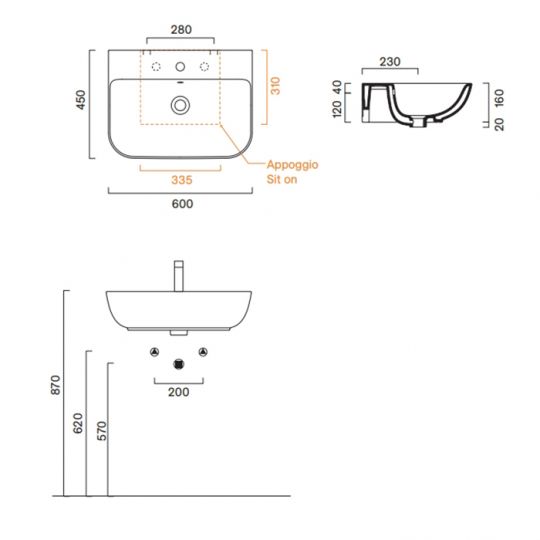 Раковина подвесная Catalano Italy 60x45 см с 1 отв. под смеситель покрытие Cataglaze+ цвет белый глянцевый 720601001 схема 2
