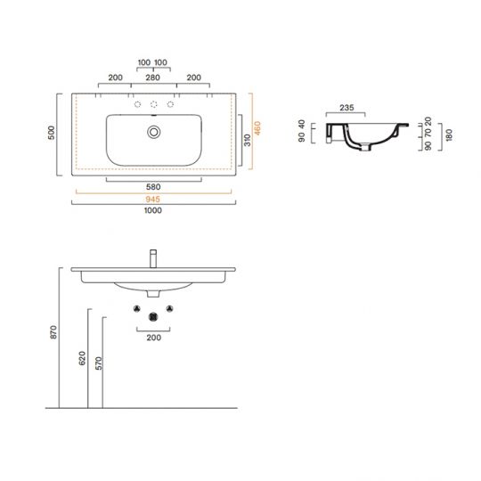 Раковина подвесная Catalano Italy 100x50 см без отв. под смеситель покрытие Cataglaze+ цвет белый глянцевый схема 2