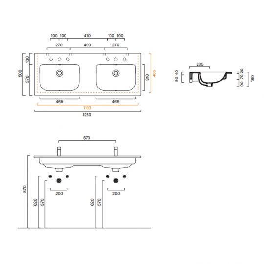 Раковина подвесная двойная Catalano Italy 125x50 см без отв. под смеситель цвет белый глянцевый 721270001 схема 2