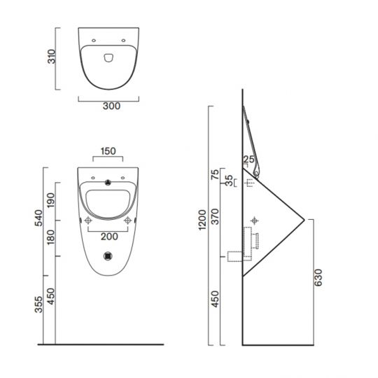 Писсуар подвесной  c отв. под крышку Catalano Comfort Rimless 54x30 цвет белый глянцевый 932541001 схема 2