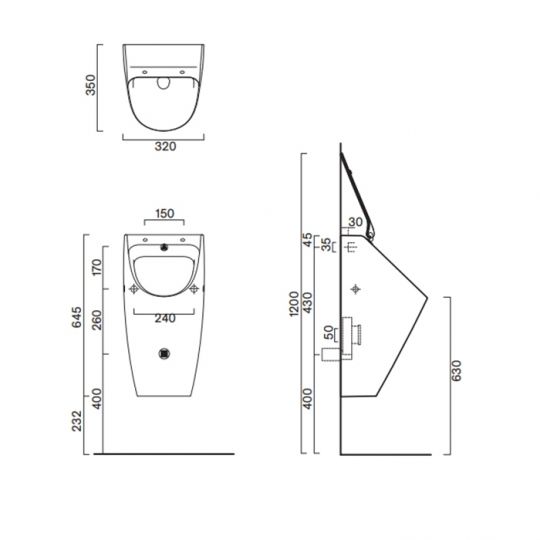 Писсуар подвесной Catalano Comfort Rimless 64x32 цвет белый глянцевый 932640001 схема 2