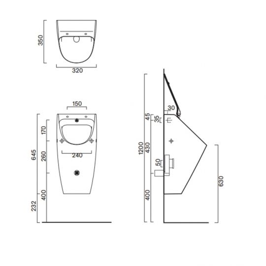 Писсуар подвесной  Catalano Comfort c отв. под крышку Rimless 64x32 цвет белый глянцевый 932641001 схема 2