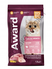 Сухой корм AWARD Healthy growth для котят от 1 месяца, беременных и кормящих кошек с индейкой и курицей с добавлением рыбьего жира и семян льна 1,5кг