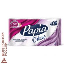 Бумага туалетная бытовая, спайка 8 шт., 4-слойная (8×16 м), PAPIA DELUXE, белая 112046