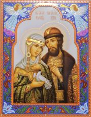 Икона Петр и Феврония Иуромские с окладом "Праздничные ангелы" (14х18см)