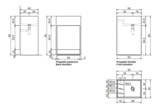 Раковина-моноблок напольная Antonio Lupi MySTREET FLOOR 54/72/90х40 слив в стену/пол схема 5