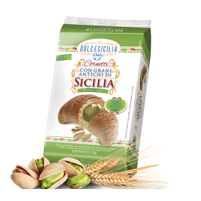 Круассаны с фисташковым кремом, Dolce Sicilia (5 шт по 50 г) 250 г, Cornetti con grani antichi di Sicilia farciti con crema al pistacchio di Sicilia, 250 g
