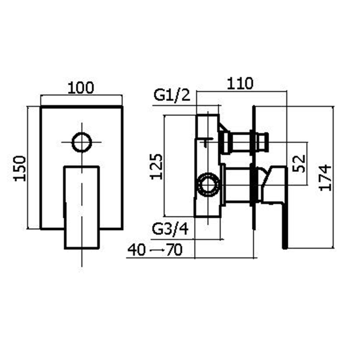 Внутренняя часть встраиваемого смесителя Plumberia Selection IXO INT0036CR для душа на 2 выхода с кнопочным девиатором диаметр 35 мм ФОТО
