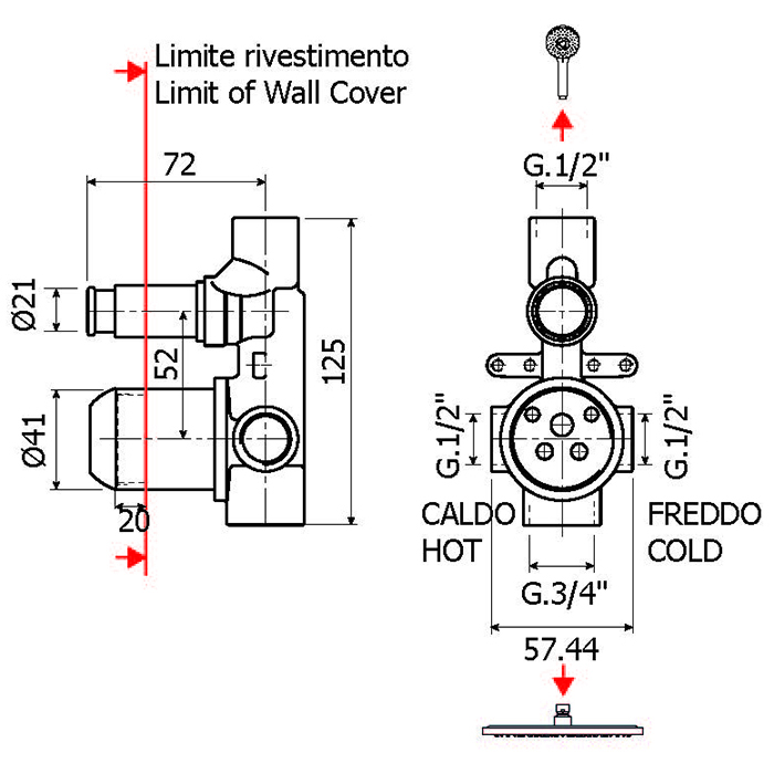 Внутренняя часть встраиваемого смесителя Plumberia Selection IXO INT0036CS для душа на 2 выхода с кнопочным девиатором диаметр 35 мм ФОТО