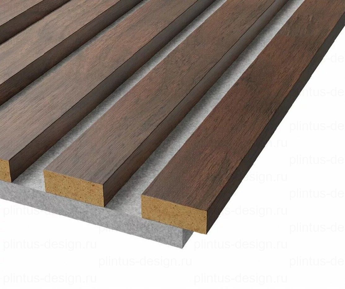 Акустическая панель, серый войлок, рейки МДФ, дуб барон темный, 600х19, 2750 мм