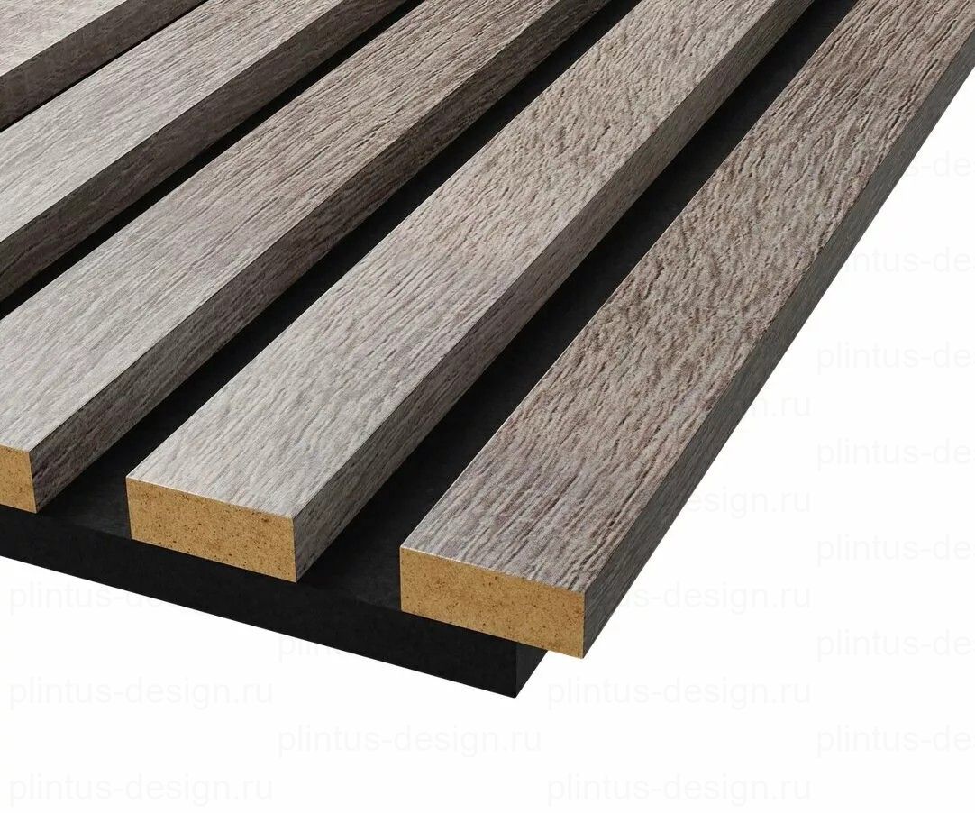 Акустическая панель, черный войлок, рейки МДФ, дуб дымчатый, 600х19, 1200 мм