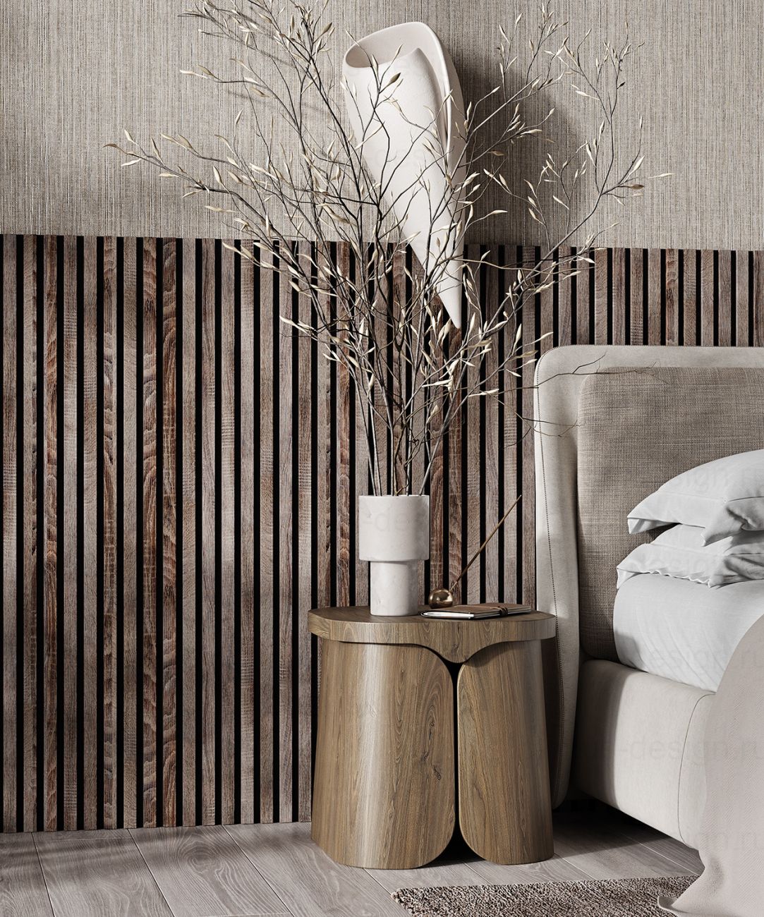 Акустическая панель, черный войлок, рейки МДФ, дуб дымчатый, 600х19, 1200 мм