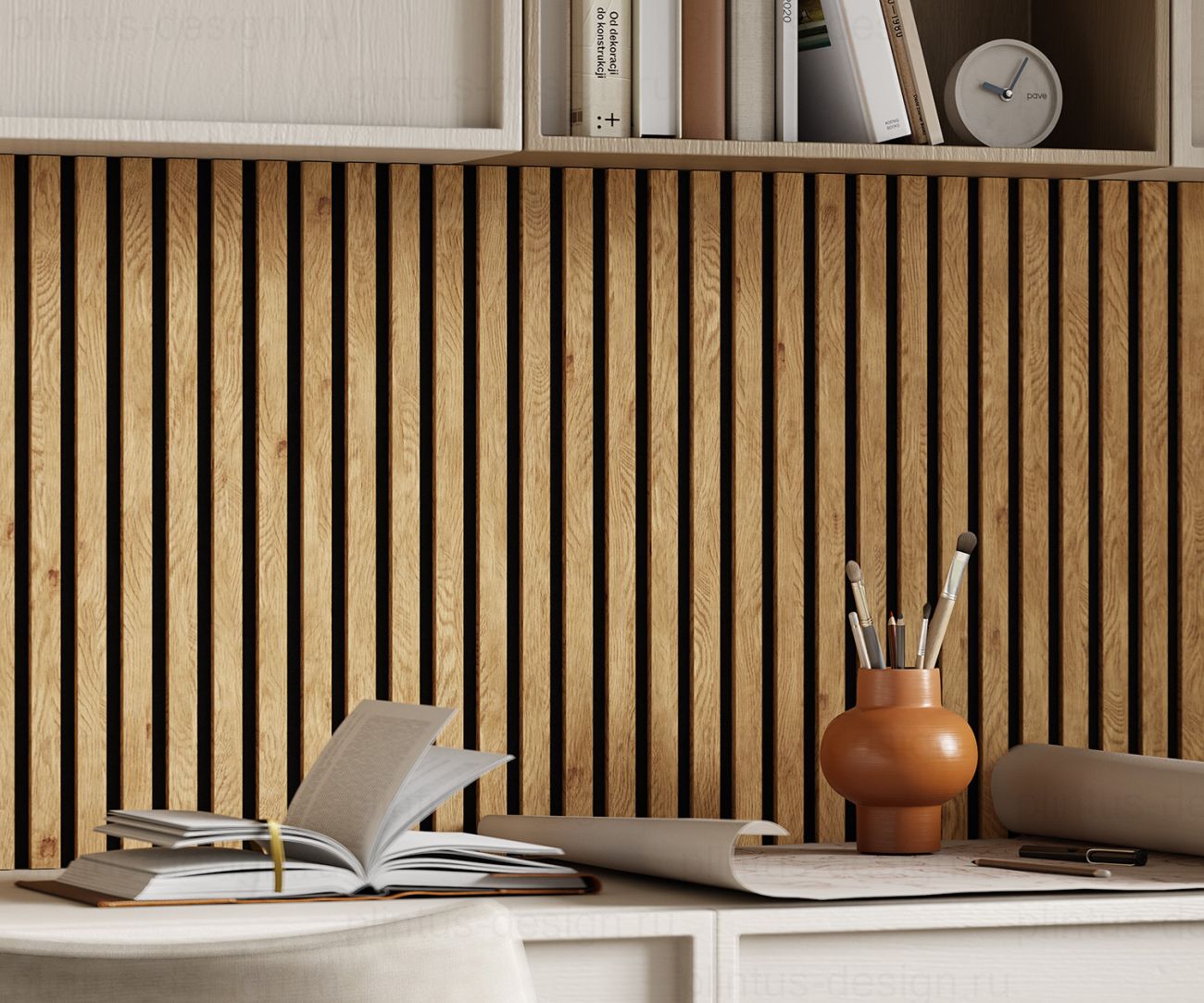 Акустическая панель, черный войлок, рейки МДФ, дуб медный, 600х19, 1200 мм