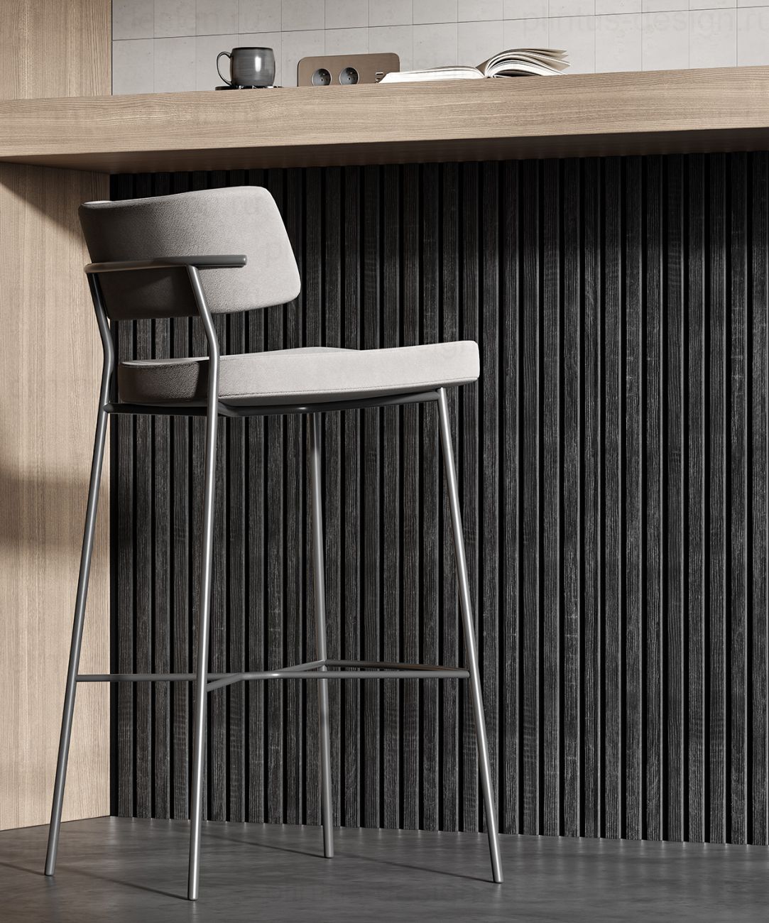 Акустическая панель, черный войлок, рейки МДФ, дуб графит, 600х19, 1200 мм