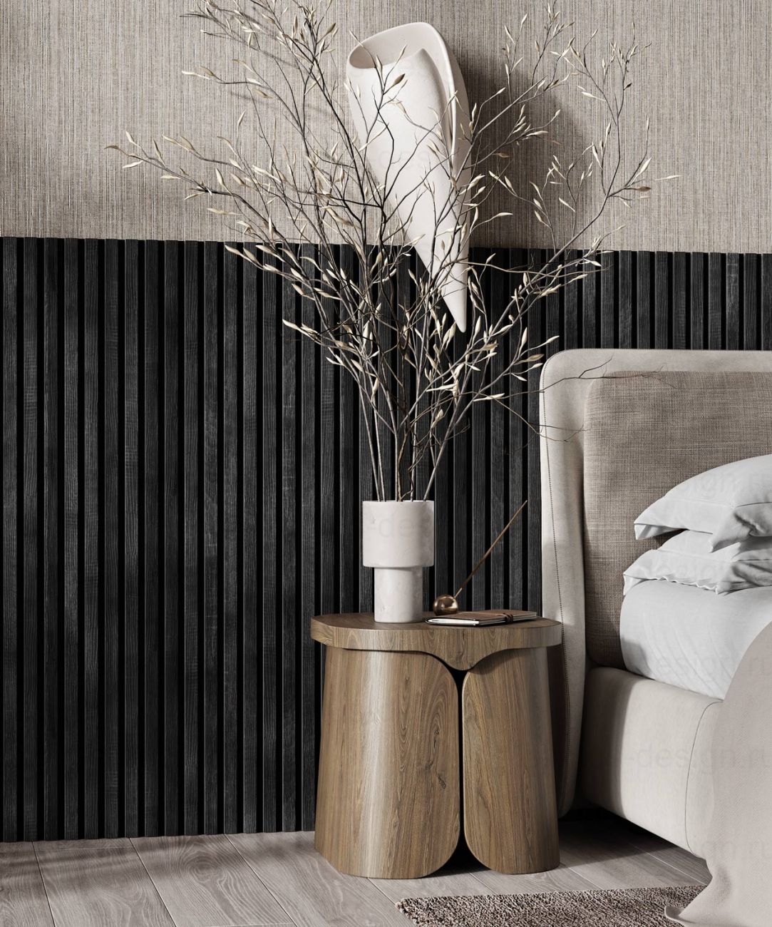 Акустическая панель, черный войлок, рейки МДФ, дуб графит, 600х19, 1200 мм