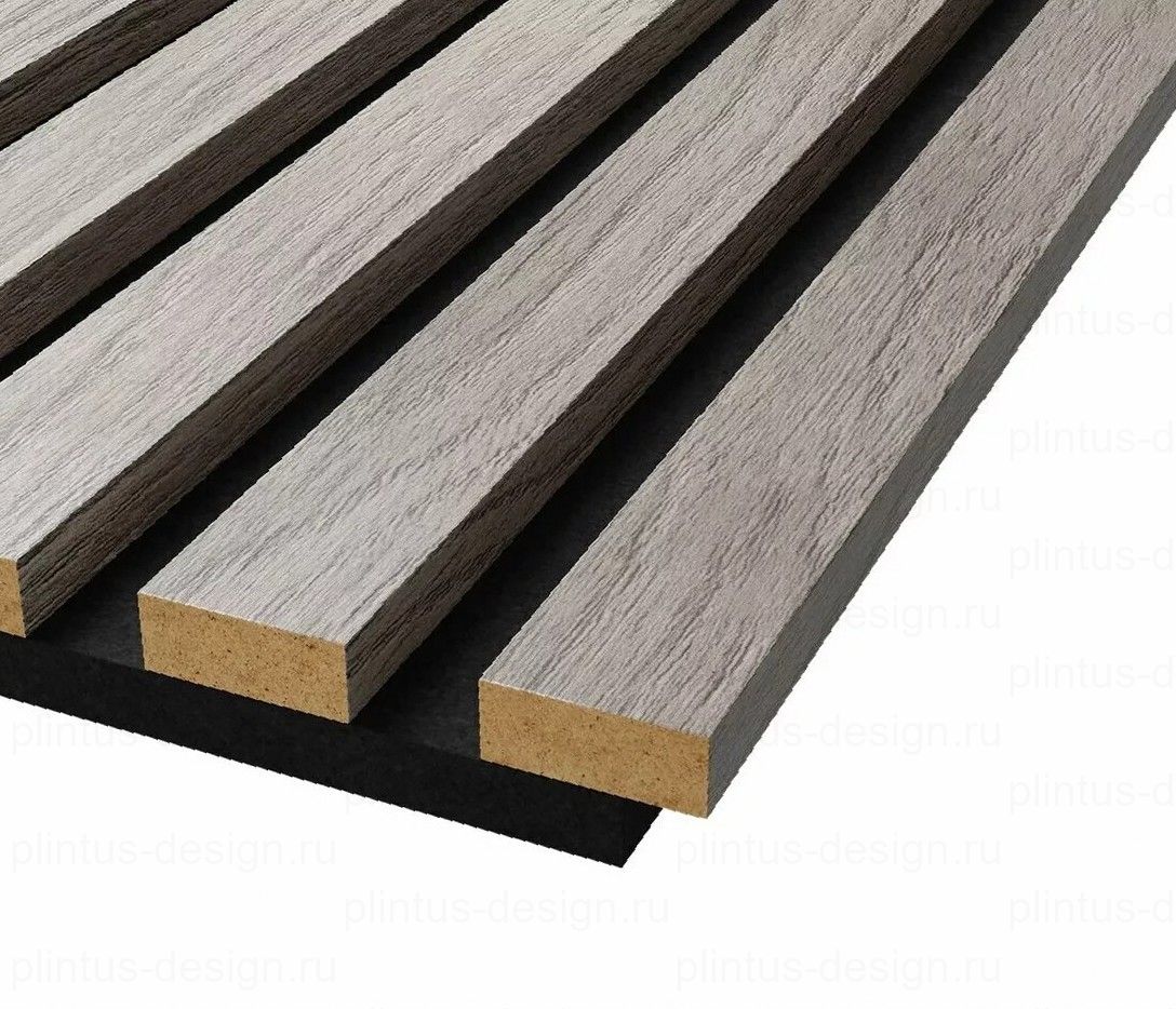 Акустическая панель, черный войлок, рейки МДФ, дуб старинный светло-серый, 600х19, 1200 мм