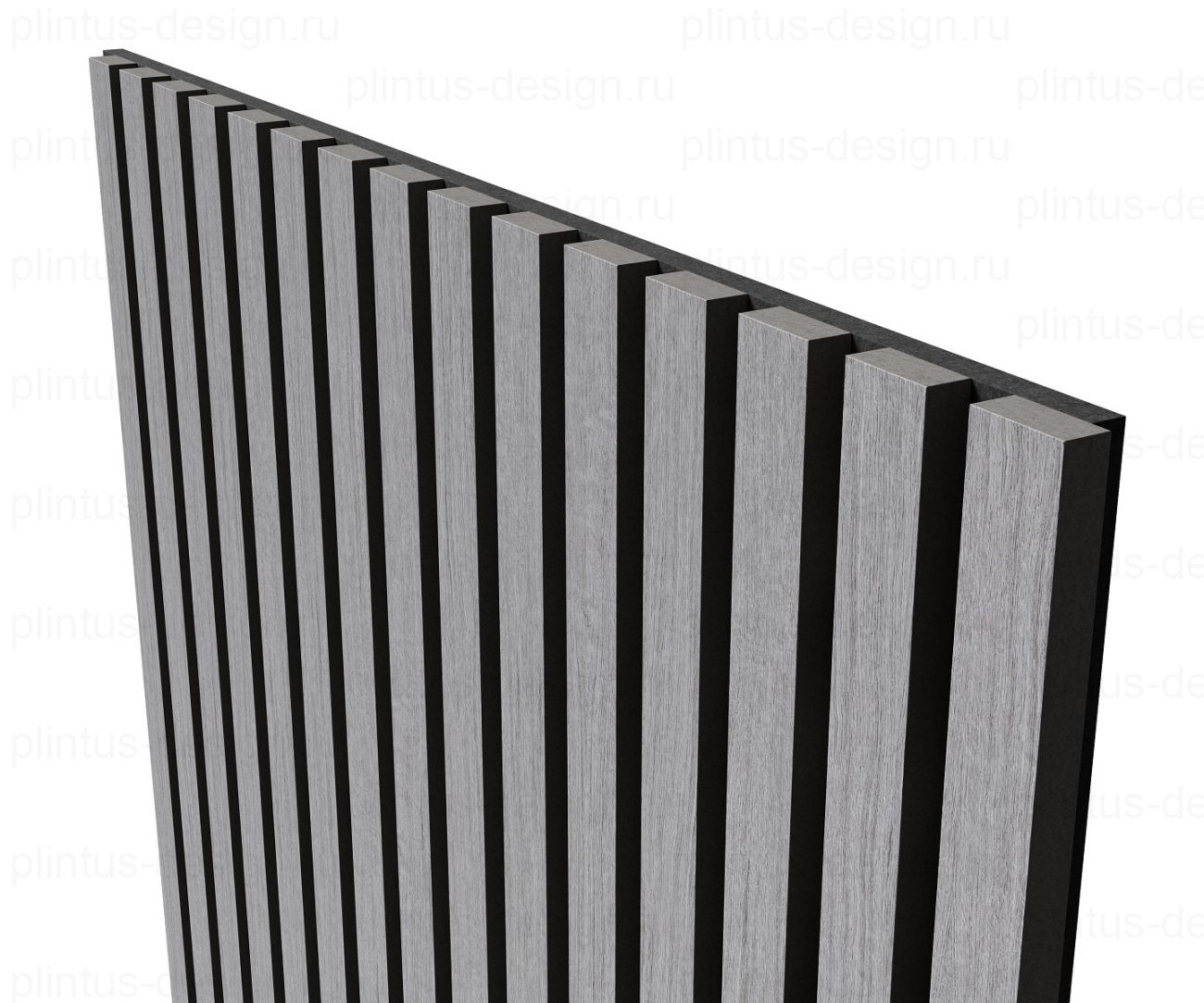 Акустическая панель, черный войлок, рейки МДФ, шпон дуб ардженто светло-серый, 600х21, 1200 мм