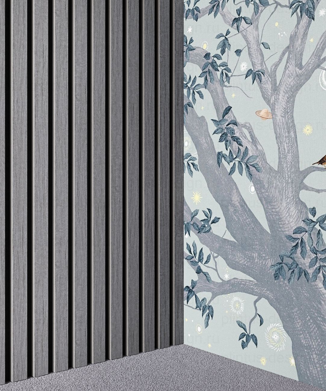 Акустическая панель, черный войлок, рейки МДФ, шпон дуб ардженто светло-серый, 600х21, 1200 мм