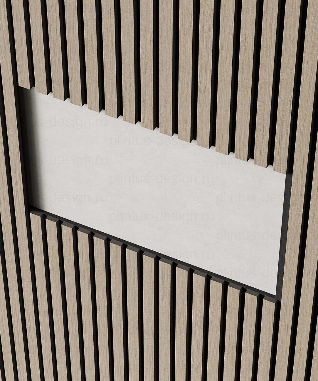 Акустическая панель, черный войлок, рейки МДФ, шпон дуб латте бежевый, 600х21, 1200 мм