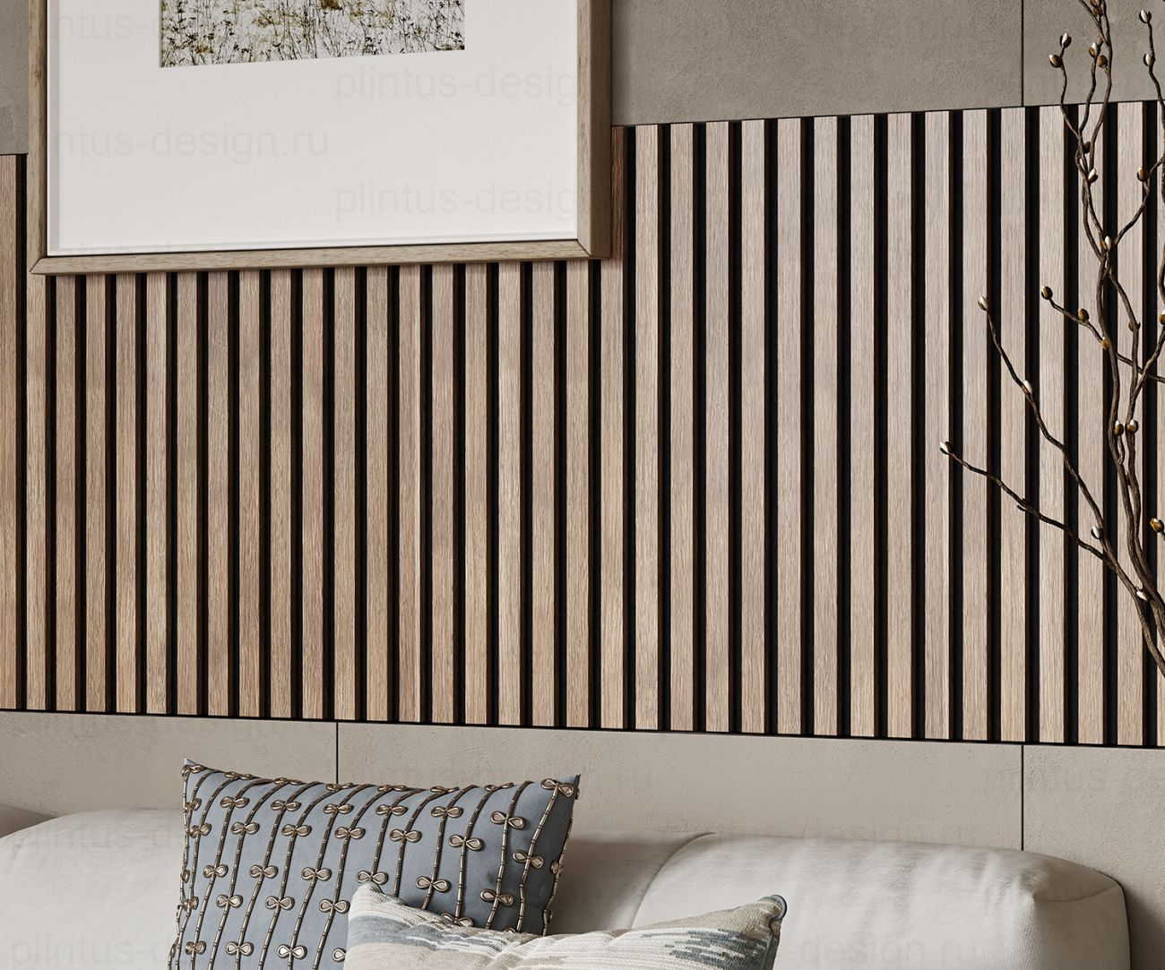 Акустическая панель, черный войлок, рейки МДФ, ясень тирамису, 600х19, 600 мм