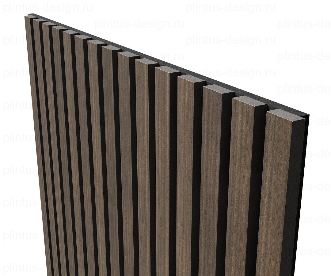 Акустическая панель, черный войлок, рейки МДФ, шпон дуб маррон коричневый, 600х21, 600 мм