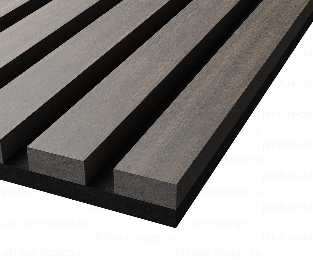 Акустическая панель, черный войлок, рейки МДФ, шпон дуб маррон коричневый, 600х21, 600 мм