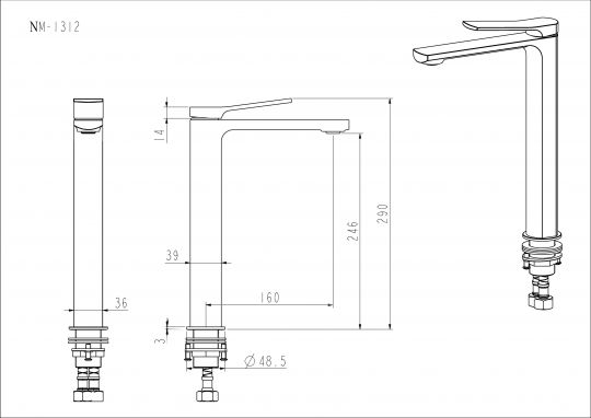 Смеситель высокий для раковины NEMO Prima NM-1312 с донным клапаном схема 5