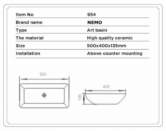 Раковина керамическая NEMO 954 500х400х135 схема 2