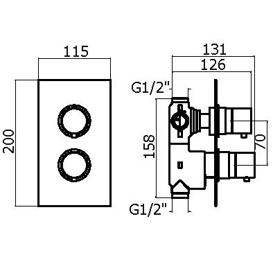 Смеситель термостат встраиваемый Plumberia Selection XOT5030 для душа 3 выхода со встраиваемой частью схема 2