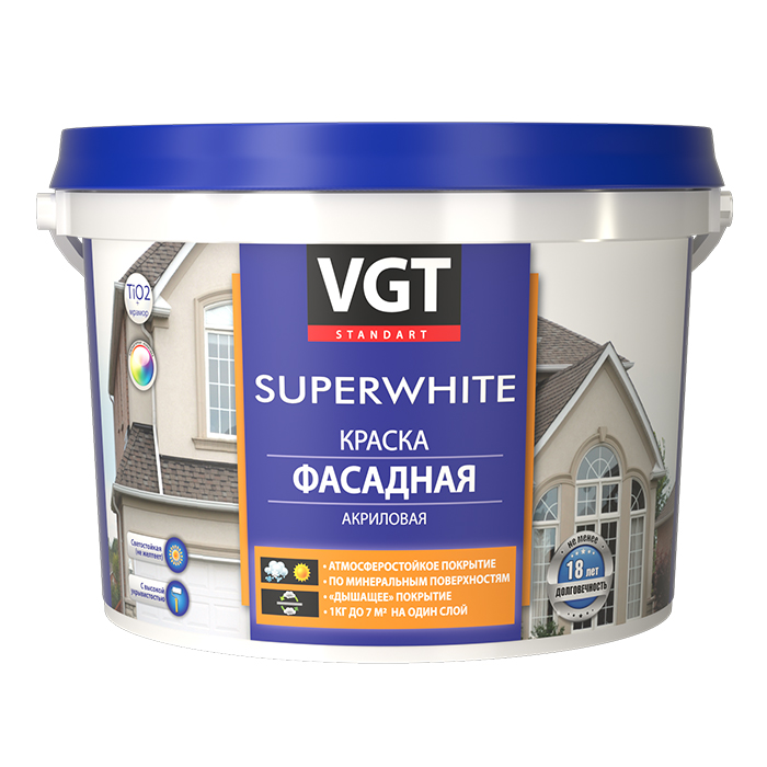 VGT SUPERWHITE ВД-АК-1180 Краска супербелая для наружных и внутренних работ матовая, объем 7кг
