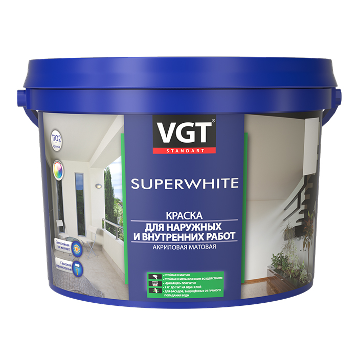VGT SUPERWHITE ВД-АК-1180 Краска фасадная супербелая акриловая матовая, объем 45кг