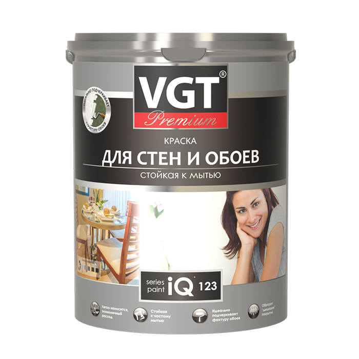 VGT PREMIUM IQ 123 Краска моющаяся для стен и обоев глубокоматовая белая база А, объем 2л