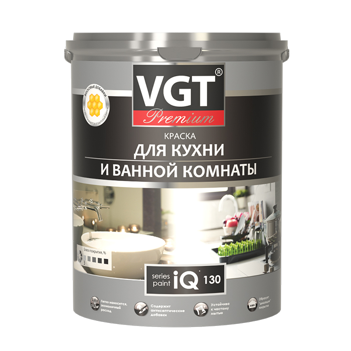 VGT PREMIUM IQ 130 Краска для кухонь и ванных комнат водно-дисперсионная белая база А, объем 0.8л