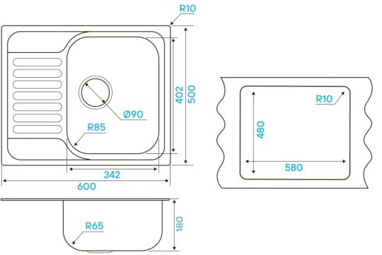 Мойка кухонная Kuchenstern BASIS 45 AISI 304/R65 653SS60 60х50 см схема 3